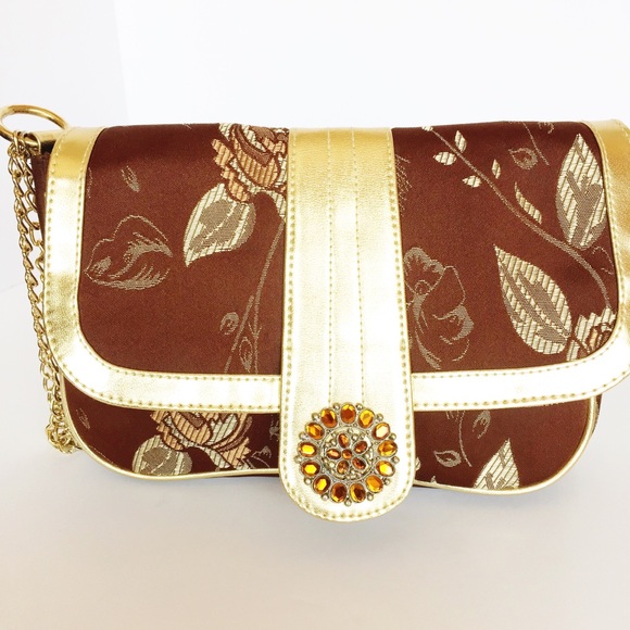 Newport News Handbags - Brown/gold brocade shoulder bag/Gold chain…